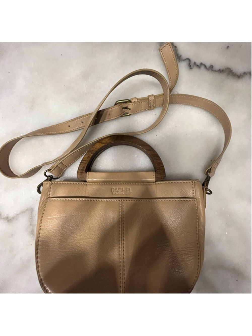 Rachel Roy Beige Leather Crossbody Bag with Wooden Handle